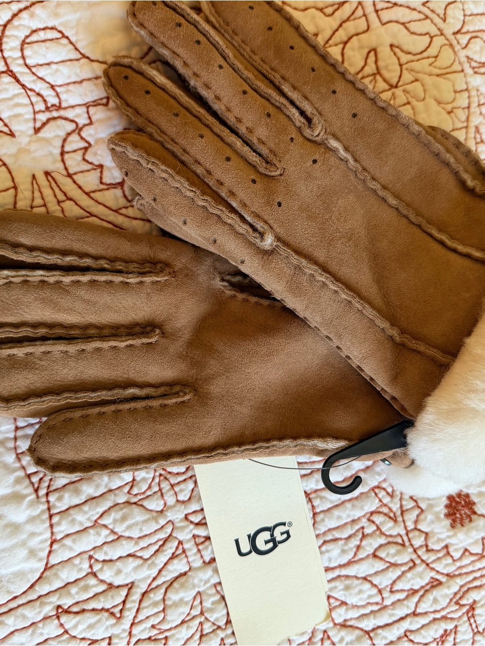 UGG Chestnut Pom-Pom Suede Gloves with Shearling Trim